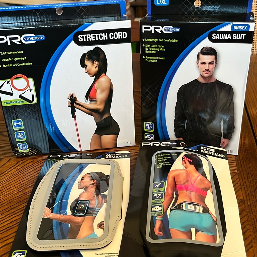 PRO STRENGTH SAUNA SUIT/ STRETCH CORDS/ ACTIVE ARM & WAIST BAND BUNDLE. NWT